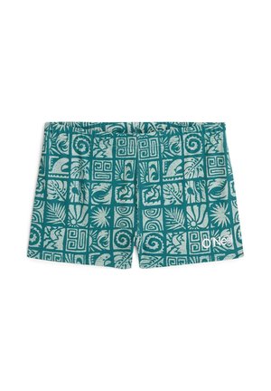 Costume da bagno turchese con motivo geometrico e tropicale bianco, vita elastica, con logo O'Neill sul davanti a sinistra.