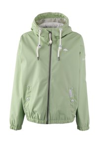 Ljusgrön huva jacka med vita dragkedjor, framdragkedja, elastiska mudd och nederkant, två knappfickor och en liten paraplylogo på bröstet.