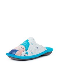 Šedé plstěné bačkory s tyrkysovou gumovou podrážkou. Mají potisk postavy v modré čepici, se sněhovými vločkami a hvězdami.