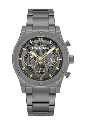 Graue Edelstahl-Uhr mit transparentem schwarzen Zifferblatt, goldenen Akzenten und Chronographen-Subdials sowie einem gebürsteten Metallarmband.
