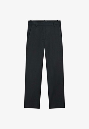 Sorte bukser med lige ben, bæltestropper, lynlås foran og sidelommer, vist fladt på en hvid baggrund.