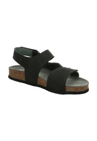 Schwarze Sandale mit Korksohle, ausgestattet mit zwei verstellbaren Riemen und einem offenen Zehen-Design. Aus glattem Leder gefertigt und in einem minimalistischen Silhouette.