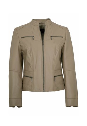 Beige Lederjacke mit Frontreißverschluss, zwei Brusttaschen mit Reißverschluss, zwei seitlichen Reißverschlusstaschen, langen Ärmeln und Stehkragen.