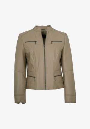 Beige Lederjacke mit Frontreißverschluss, zwei Brusttaschen mit Reißverschluss, zwei seitlichen Reißverschlusstaschen, langen Ärmeln und Stehkragen.