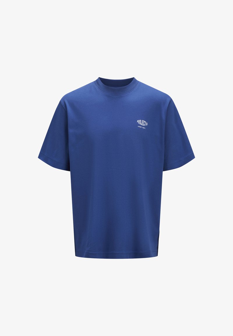 Blue short-sleeve t-shirt made of cotton, featuring a crew neckline and small white text logo on the front, smooth texture, and relaxed fit.