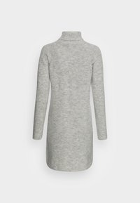Robe tricotée gris clair avec un col haut, des manches longues et une finition texturée. Présente une coupe décontractée et arrive au genou.