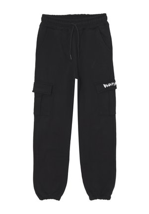 Pantaloni cargo neri in felpa con cintura elastica, cordoncino, tasche laterali e testo bianco sulla patta della tasca cargo destra, polsini elastici alle caviglie.