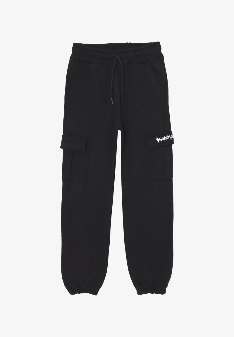 Pantaloni cargo neri in felpa con cintura elastica, cordoncino, tasche laterali e testo bianco sulla patta della tasca cargo destra, polsini elastici alle caviglie.