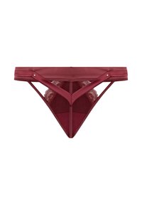 Bordeauxroter Spitzen- und Satin-String mit dreieckigem Vorderteil, zeichnet sich durch eine weiche Textur, verstellbare Träger und ein florales Spitzenakzent aus.