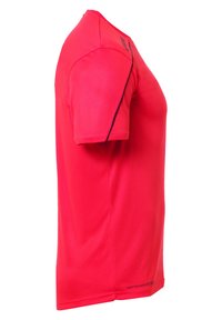 Rotes, kurzärmliges Sport-T-Shirt aus glattem, leichtem Stoff, mit rundem Ausschnitt und einem dezenten Logo auf der Schulter.