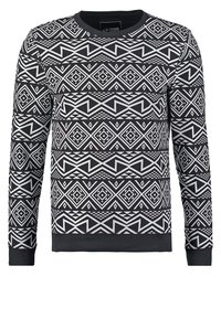 Svart-vitt långärmad tröja med geometriska zigzag- och diamantmönster, rund halsringning samt åtsittande mudd och nederkant.