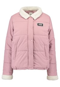 Lyserød pufferjakke med en fuzzy hvid krave, trykknaplukning og sidelommer. Har quiltet design og Vans-logo patch.