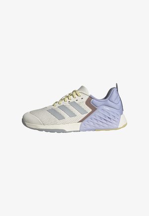 Zapatillas deportivas de color gris claro con parte superior de malla, acentos en lavanda, logo de 3-Stripes en gris, cuello acolchado y tacón texturizado en púrpura. Suela de goma.