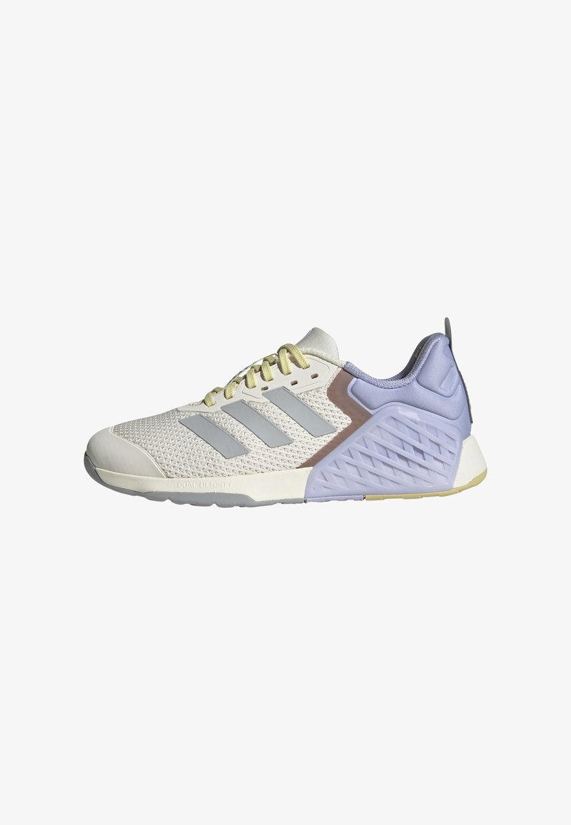 Vaaleanharmaat urheilukengät, joissa on verkko-osa, laventelinväriset yksityiskohdat, harmaa 3-Stripes-logo, pehmustettu nilkka ja teksturoitu violetti kanta. Kumia oleva pohja.