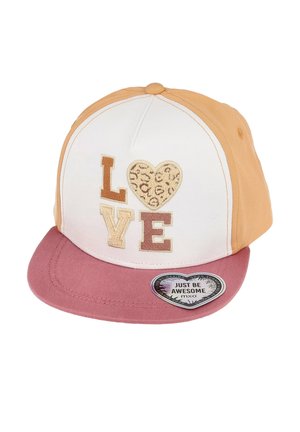 Cap with orange sides, white front panel showing "LOVE" with a leopard print heart, and a pink brim with a "JUST BE AWESOME" sticker.