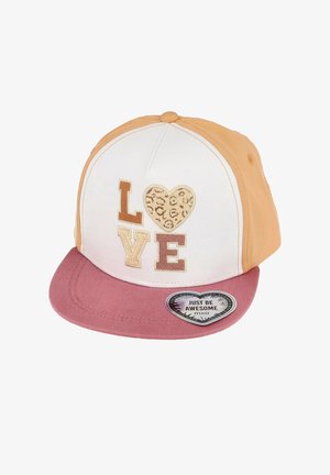 Cap with orange sides, white front panel showing "LOVE" with a leopard print heart, and a pink brim with a "JUST BE AWESOME" sticker.