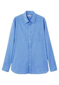 Camicia azzurro chiaro con bottoni, caratterizzata da un piccolo motivo floreale bianco, maniche lunghe e colletto classico. Tessuto dalla texture liscia.
