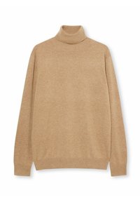 Beige Rollkragensweater aus weichem Strickstoff. Merkmale sind lange Ärmel und ein eng anliegender hoher Kragen. Nahtloses Design mit gerippten Bündchen.