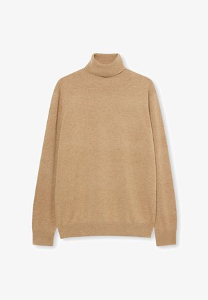 Beige Rollkragensweater aus weichem Strickstoff. Merkmale sind lange Ärmel und ein eng anliegender hoher Kragen. Nahtloses Design mit gerippten Bündchen.