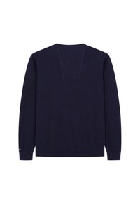 Maglione lavorato a maglia blu navy con maniche lunghe, scollatura rotonda e un sottile dettaglio della cucitura sul retro. Texture morbida e polsini e orlo a coste.