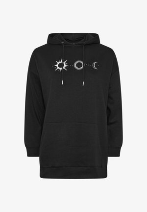 Sudadera negra fabricada en material suave con un bolsillo delantero, que presenta un gráfico del sol, la luna y un eclipse en blanco a lo largo del pecho.