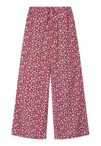 Czerwone spodnie w kwiaty z białym wzorem, o szerokich nogawkach, elastycznym pasie, lekkim materiale i luźnym kroju.