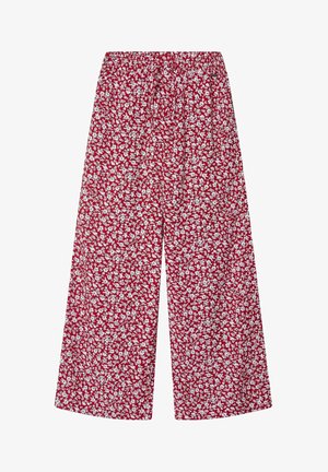 Pantaloni floreali rossi con motivi di fiori bianchi, design a gamba larga, vita elastica, tessuto leggero e una vestibilità comoda.
