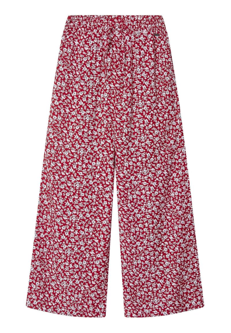 Czerwone spodnie w kwiaty z białym wzorem, o szerokich nogawkach, elastycznym pasie, lekkim materiale i luźnym kroju.