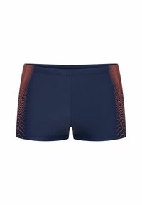 Granatowe szorty kąpielowe wykonane z gładkiego, elastycznego materiału, z falistym pomarańczowym wzorem po bokach. Klasyczny krój bez widocznych elementów metalowych.