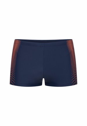 Granatowe szorty kąpielowe wykonane z gładkiego, elastycznego materiału, z falistym pomarańczowym wzorem po bokach. Klasyczny krój bez widocznych elementów metalowych.