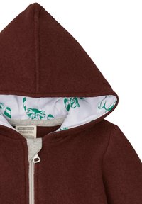 Giacca con cappuccio bordeaux con chiusura a zip, fodera del colletto grigia e interno bianco con motivi di animali verdi. Realizzata in lana biologica.