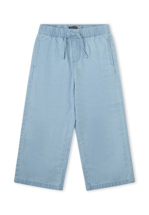 Pantalones de pierna ancha en azul claro con cintura elástica y cordón, que cuentan con bolsillos laterales y detalles con costuras.