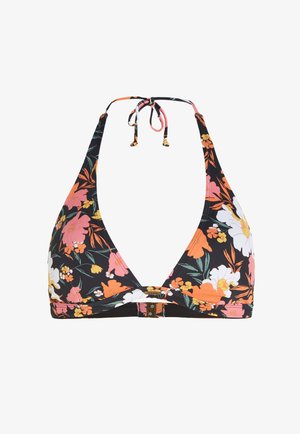 Biustonosz bikini w kwiaty z czarnym tłem, ozdobiony pomarańczowymi, różowymi i białymi kwiatami. Trójkątny fason z regulowanymi ramiączkami i zapięciem na klamrę.