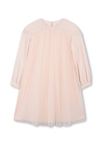 Robe rose clair à manches longues, avec un haut texturé et une jupe en tulle transparent. Tissu doux, léger scintillement et fermeture éclair au dos.