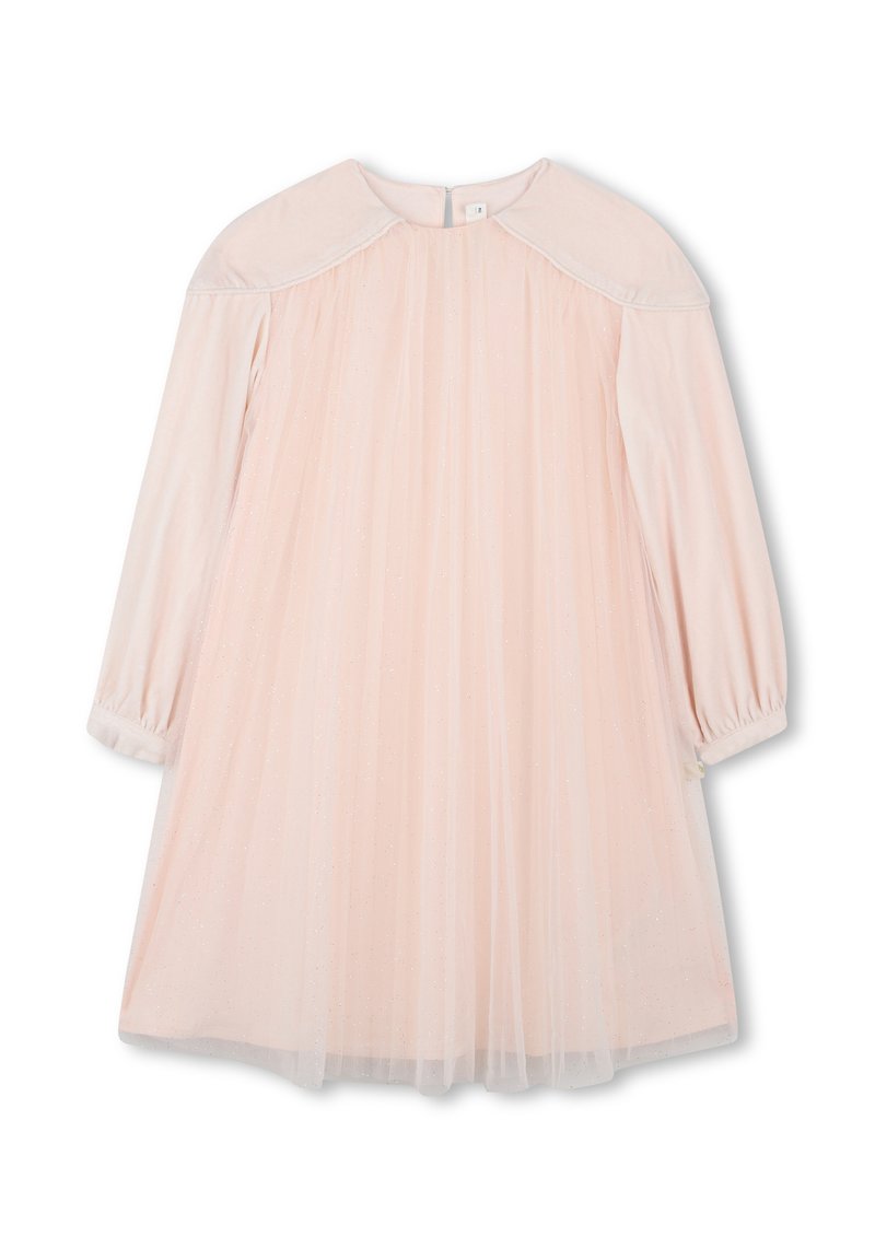 Robe rose clair à manches longues, avec un haut texturé et une jupe en tulle transparent. Tissu doux, léger scintillement et fermeture éclair au dos.