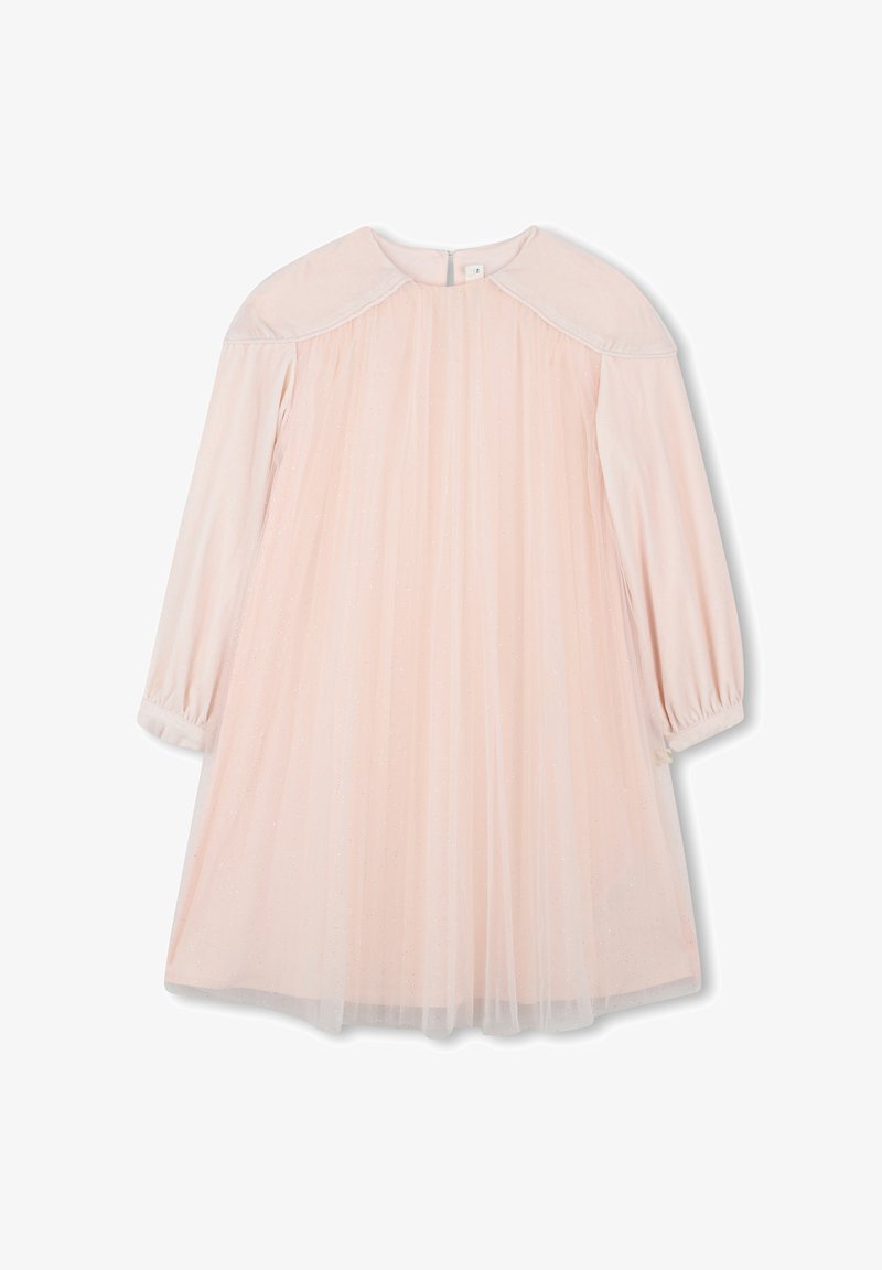 Robe rose clair à manches longues, avec un haut texturé et une jupe en tulle transparent. Tissu doux, léger scintillement et fermeture éclair au dos.