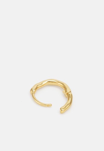 Gold hoop earring with a textured, curved design. Features a polished finish and a simple hinge closure for ease of wear.