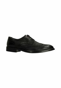 Zwarte leren veterschoen met brogue-details, met een gladde textuur, ronde neus en een lage, gestapelde hak.