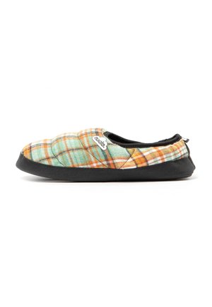 Single cozy slipper with a green, orange, and white plaid pattern and black sole, shown from the side on a white background.