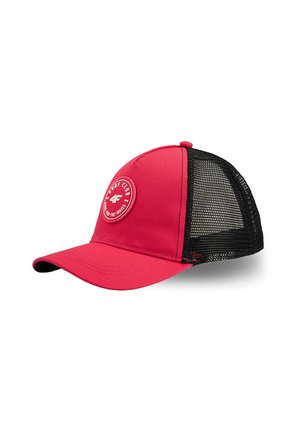 Czerwona i czarna siateczkowa czapka typu trucker z wygiętym daszkiem i okrągłą naszywką z przodu z logo "Turf Club" i "4F".