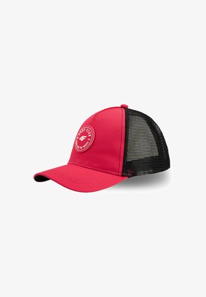 Czerwona i czarna siateczkowa czapka typu trucker z wygiętym daszkiem i okrągłą naszywką z przodu z logo "Turf Club" i "4F".