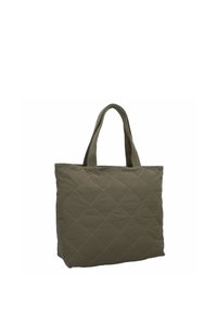 Borsa tote trapuntata in verde oliva, con un motivo di cuciture a diamante orizzontali e verticali, doppi manici superiori e una morbida texture di tessuto.
