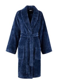 Peignoir de bain en velours bleu marine avec col châle, taille ceinturée et deux poches avant. Texture douce et longueur jusqu'aux genoux.