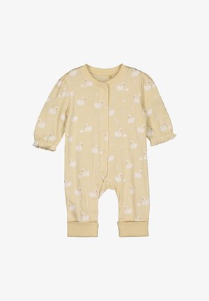 Gelber Baumwoll-Body mit Schwanenmuster, mit elastischen Bündchen und Druckknopfverschlüssen an der Vorderseite für einfaches An- und Ausziehen.
