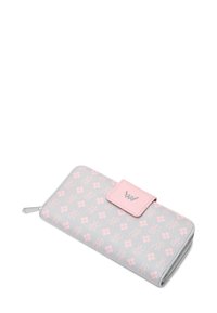 Gray wallet with pink floral pattern, a pink snap closure, and silver hardware. Textured synthetic material, rectangular shape, zippered side.