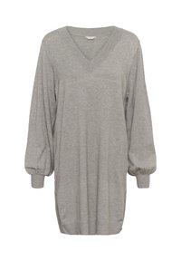 Světlý šedý svetr šaty s dlouhým rukávem, V-výstřihem a nařasenými manžetami, volný střih, pletená látka.