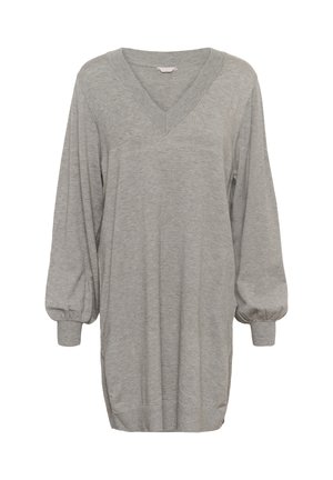 Világosszürke, hosszú ujjú, V-nyakú pulóverruha, megereszkedett mandzsettákkal, laza szabásban, kötött anyagból.