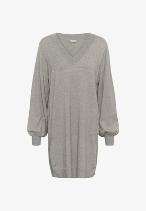 Világosszürke, hosszú ujjú, V-nyakú pulóverruha, megereszkedett mandzsettákkal, laza szabásban, kötött anyagból.