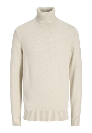 Beżowy dziergany sweter z golfem, długimi rękawami oraz prążkowanymi mankietami i krawędzią.