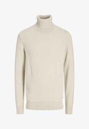 Beżowy dziergany sweter z golfem, długimi rękawami oraz prążkowanymi mankietami i krawędzią.